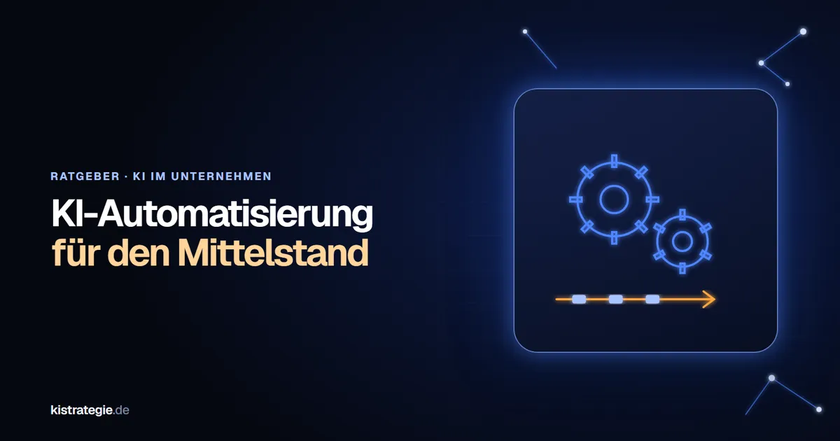 Zwei leuchtende Zahnräder über einem Datenfluss mit Pfeil als Sinnbild für Prozessautomatisierung mit KI