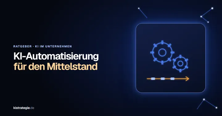 Zwei leuchtende Zahnräder über einem Datenfluss mit Pfeil als Sinnbild für Prozessautomatisierung mit KI