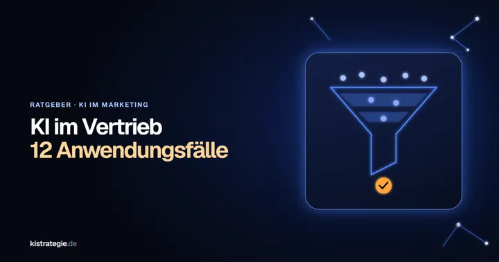 Leuchtender Vertriebstrichter mit Kontaktpunkten, aus dem unten ein orangefarbener Abschluss-Haken fällt, als Sinnbild für KI im Vertrieb