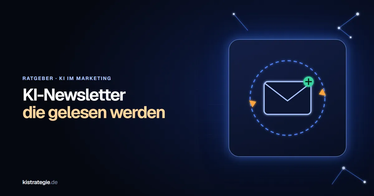 Leuchtender Briefumschlag in einem gestrichelten Kreislauf mit Pfeilen und grünem Plus-Zeichen als Sinnbild für einen KI-Newsletter