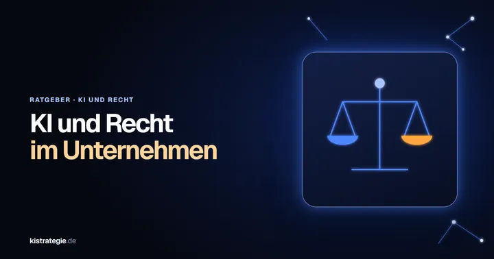 Leuchtende Waage mit einer blauen und einer orangefarbenen Schale als Sinnbild für KI und Recht im Unternehmen