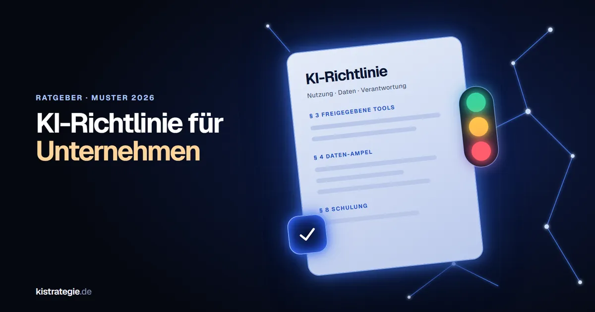 Illustration: leuchtendes Dokument „KI-Richtlinie“ mit Ampel in Grün, Gelb und Rot auf dunkelblauem Grund