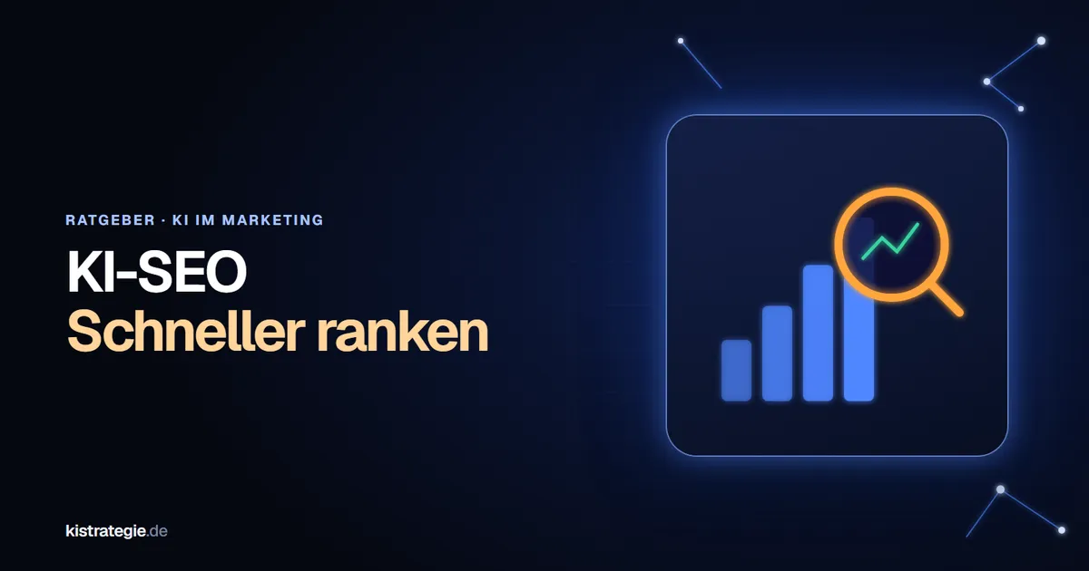 Orangefarbene Lupe mit grüner Aufwärtskurve über einem steigenden Balkendiagramm als Sinnbild für Suchmaschinenoptimierung mit KI