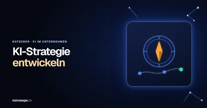 Leuchtender Kompass mit orangefarbener Nadel über einer Roadmap mit drei Meilensteinen als Sinnbild für eine KI-Strategie