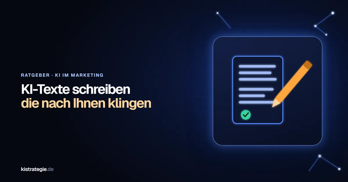 Leuchtender Stift über einem Textdokument mit Absätzen und einem orangefarbenen Prüfhaken als Sinnbild für KI-Texte