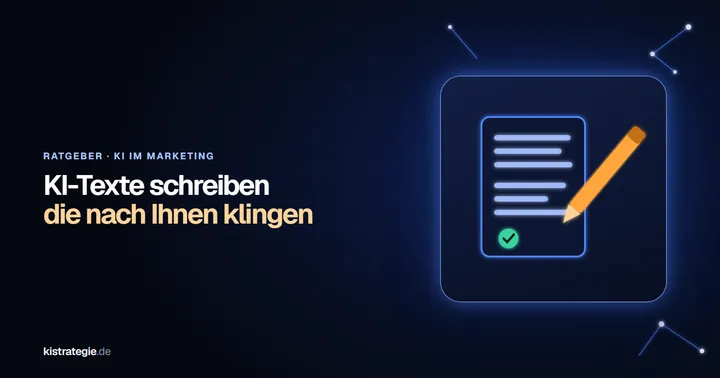 Leuchtender Stift über einem Textdokument mit Absätzen und einem orangefarbenen Prüfhaken als Sinnbild für KI-Texte