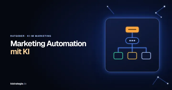 Verzweigter Ablauf aus leuchtenden Knoten mit einem Auslöser oben und drei Pfaden nach unten als Sinnbild für Marketing Automation mit KI